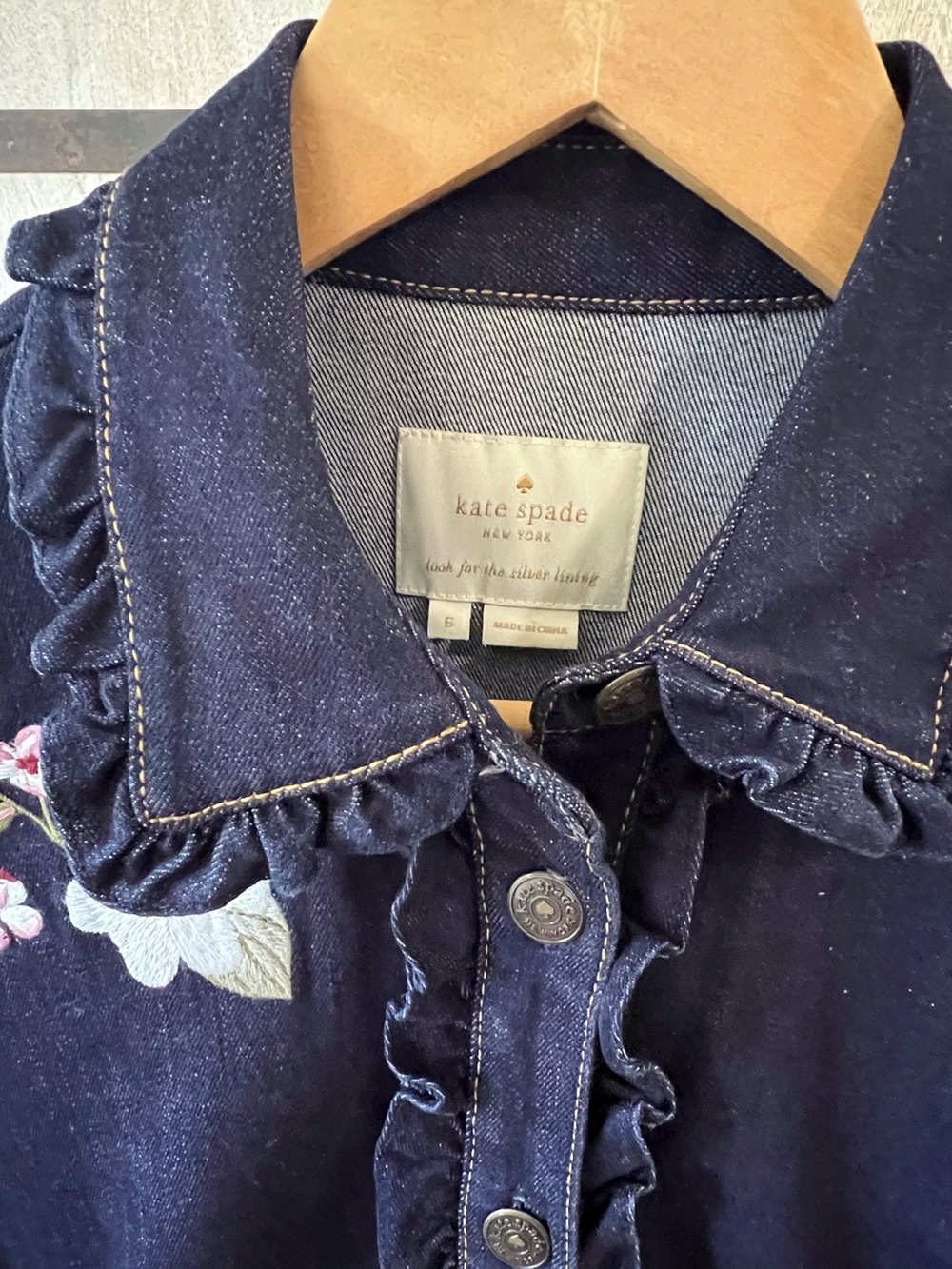 kate spade Navy Ruffle-Trim Denim Dress with Floral Embroidery